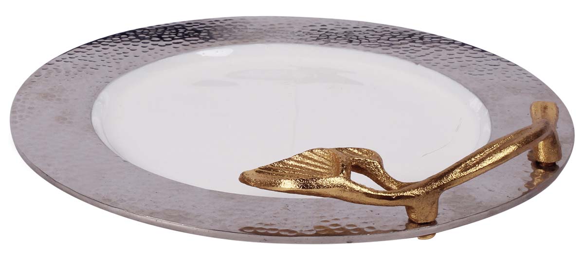Buy in Bulk Wholesale 12” Round Decorative Metal Tray with Leaf Handle & Hammer Effect - Hand-Enamelled - White Silver - Modern Home Decor